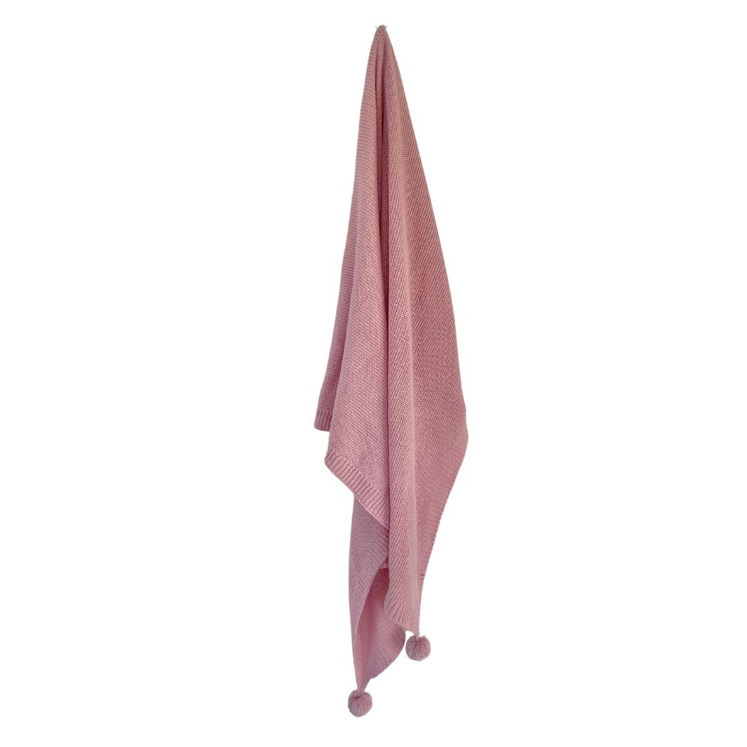 Knitted Pom Pom Baby Blanket - Dusty Pink 70x100cm