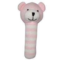 Knitted Bear Stick Rattle - Pink - 17cm