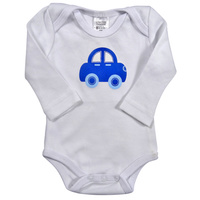 Romper L/S White Blue Car - 100% Cotton 00