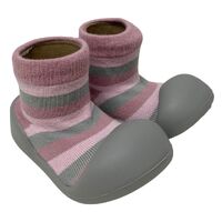 Rubber Soled Socks - Pink/Grey Stripe 12-18