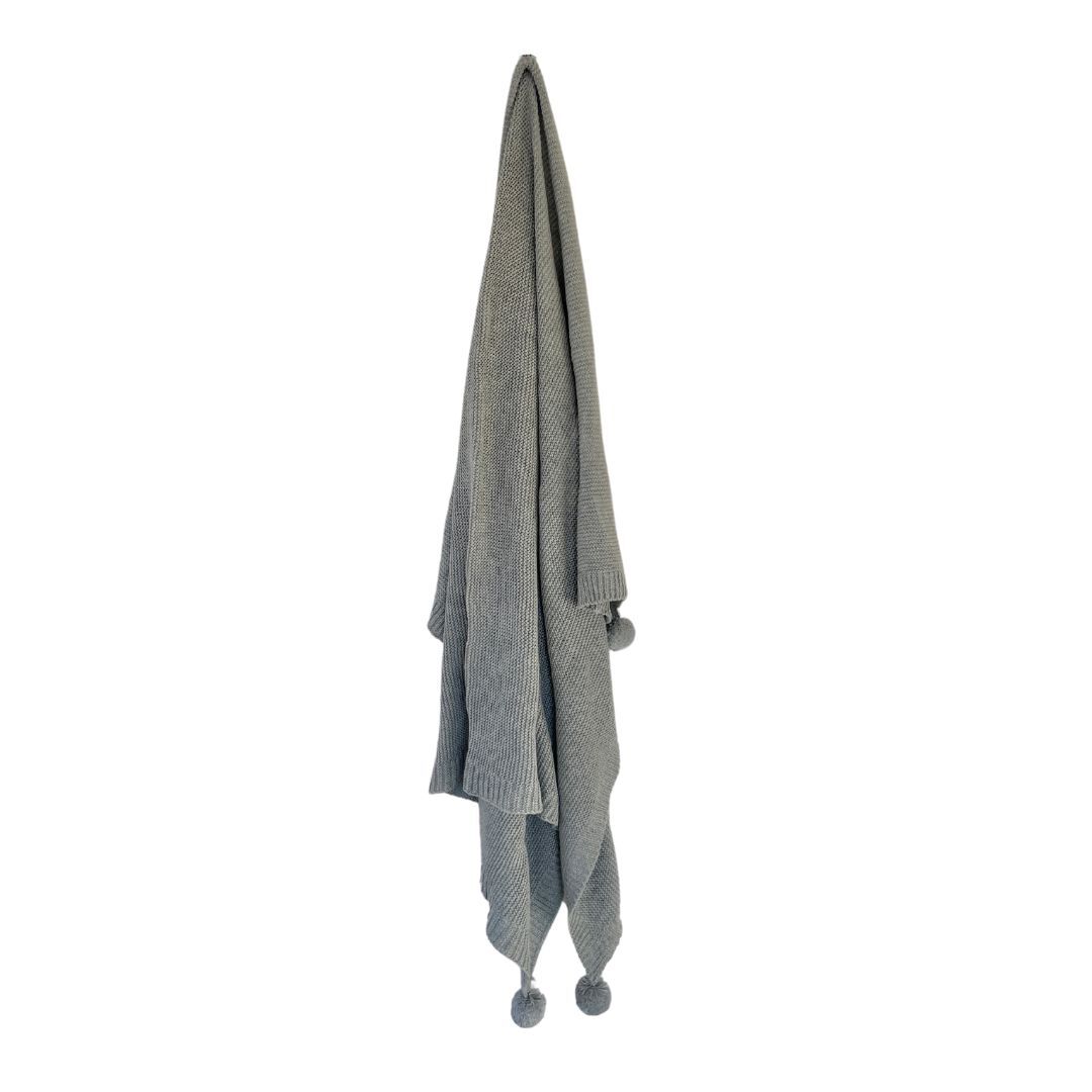 Knitted Pom Pom Baby Blanket - Grey 70x100cm