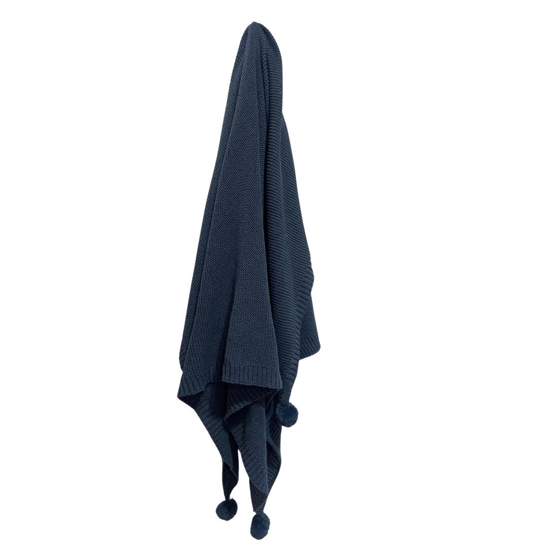 Knitted Pom Pom Baby Blanket - Navy Blue 70x100cm