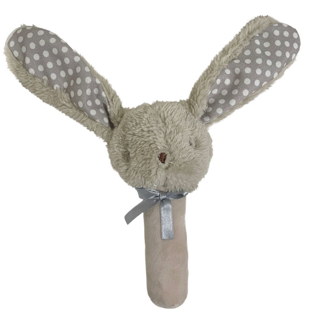 Fluffy Bunny Stick Rattle - Beige/Grey - 17cm